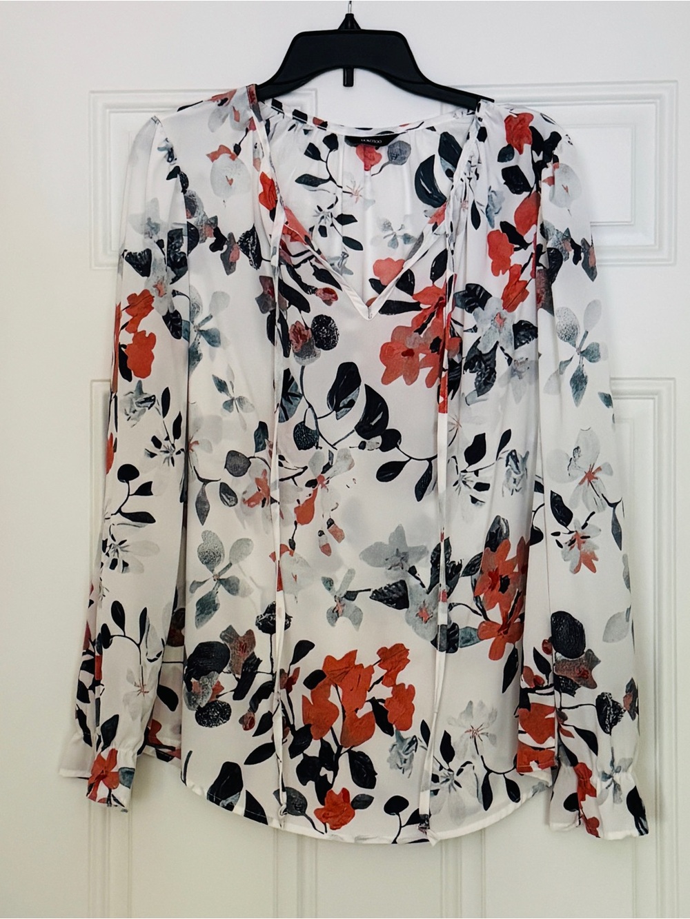 Women’s Floral Tie-Neck Blouse - White with Rust & Dark Teal Floral Print